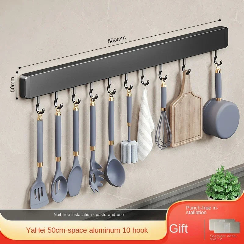 Wall-Mounted Kitchen Storage Rack with Movable Hooks