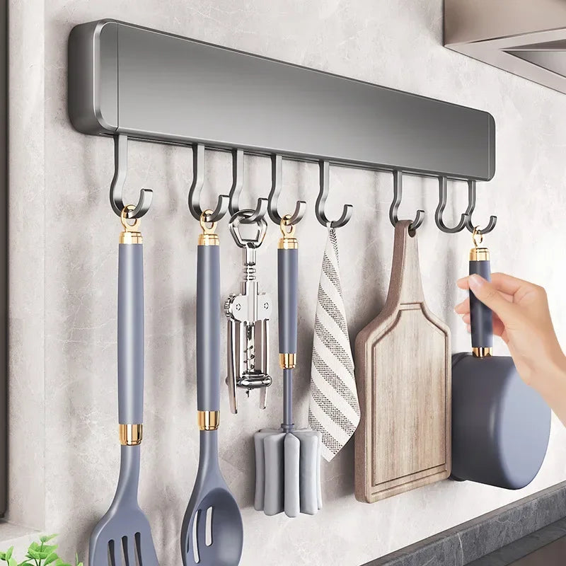 Wall-Mounted Kitchen Storage Rack with Movable Hooks
