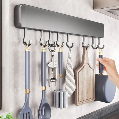 Wall-Mounted Kitchen Storage Rack with Movable Hooks