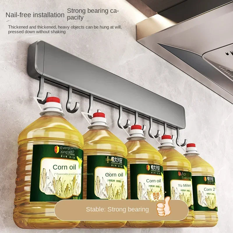 Wall-Mounted Kitchen Storage Rack with Movable Hooks