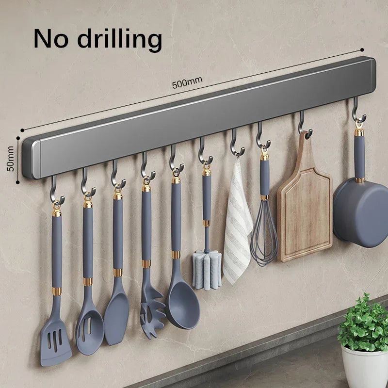 Wall-Mounted Kitchen Storage Rack with Movable Hooks