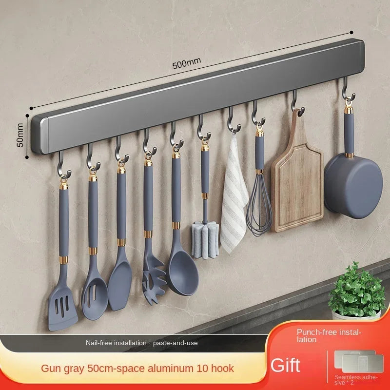 Wall-Mounted Kitchen Storage Rack with Movable Hooks