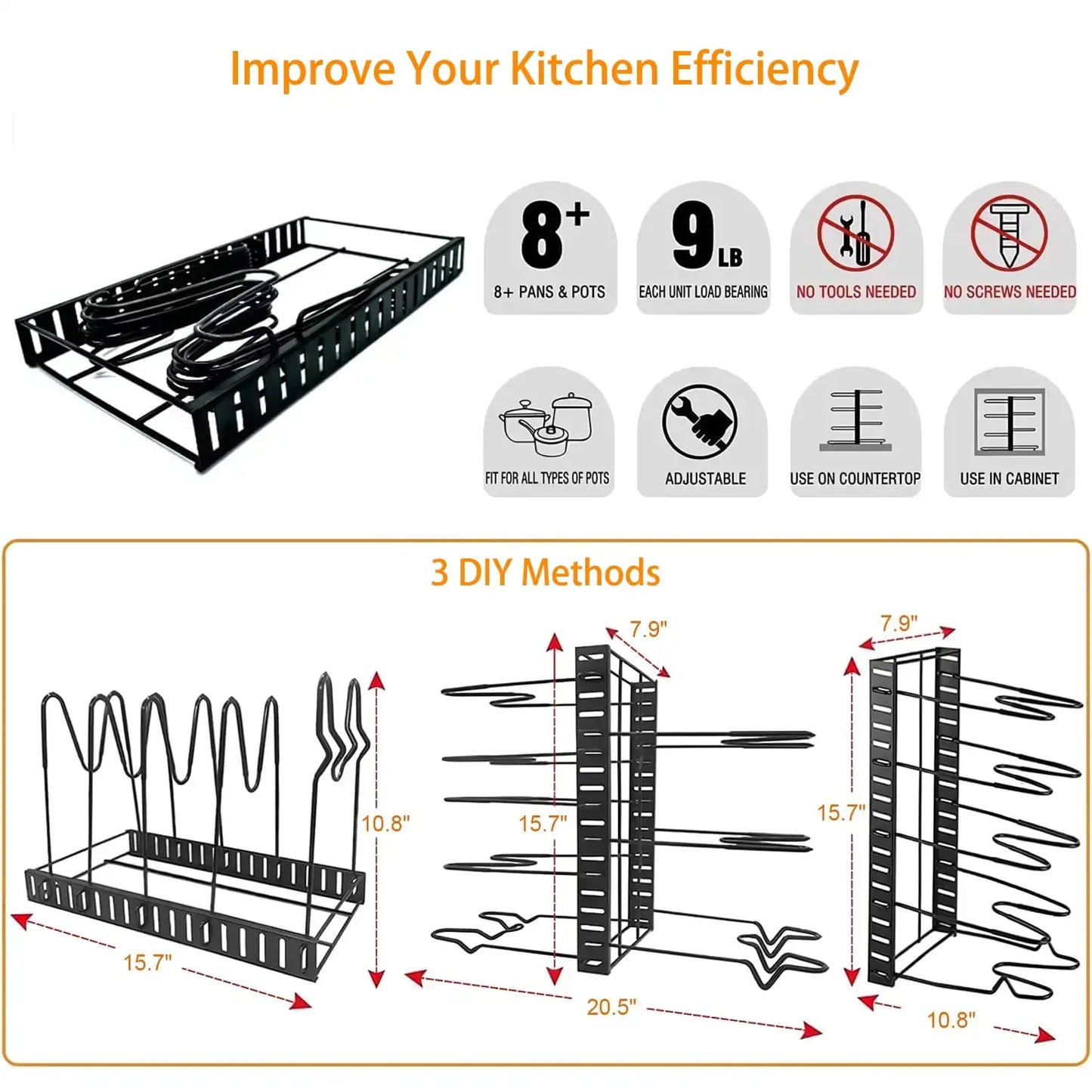 8-Tier Pot Organizer Rack for Kitchen Storage